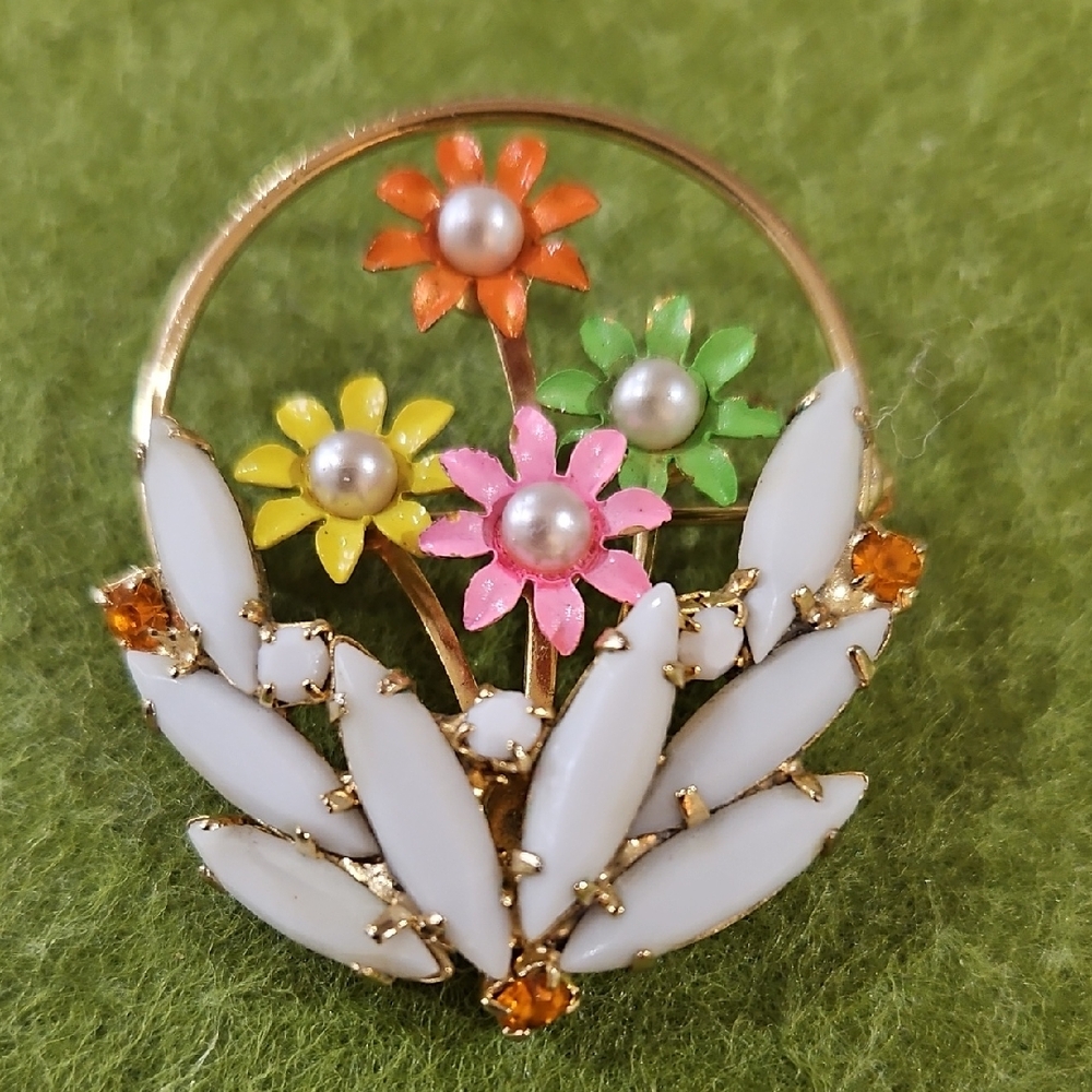 Vintage White, Gold Tone Basket Of  Multi-colored Enamel Flowers Brooch